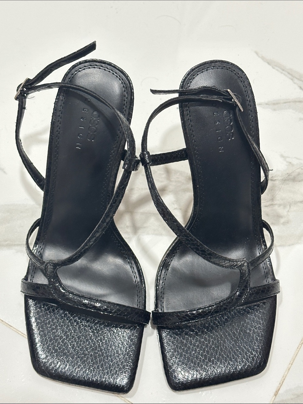 Black Strappy Square-Toe Heeled Sandals